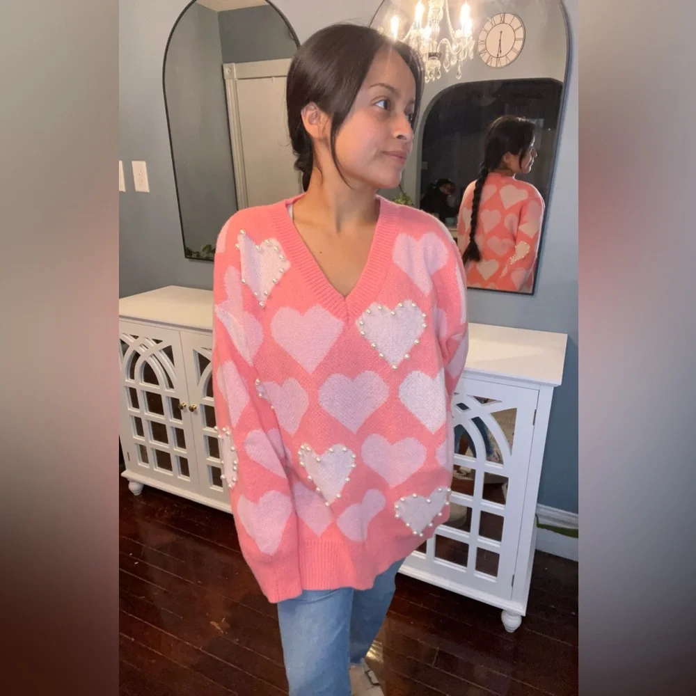 HEART PEARL SIDE SLIT LOOSE FIT V NECK SWEATER - Picture 2 of 8